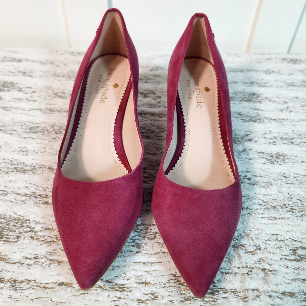 Kate Spade "Moulin" Fuschia Suede Pumps Block Heel Designer | Women's Size 7B - Picture 5 of 13
